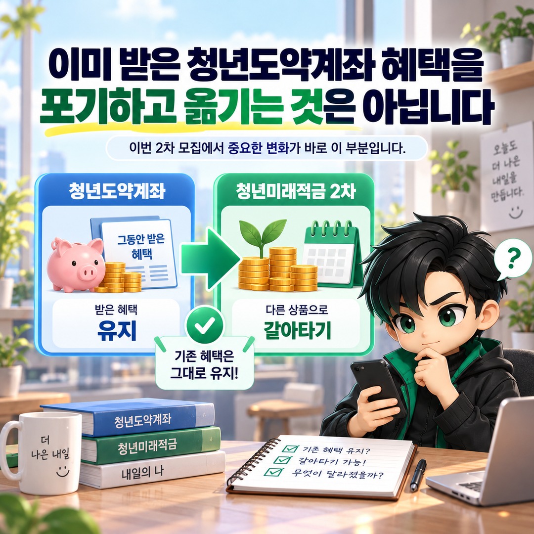 청년도약계좌 가입 중이면 청년미래적금 2차로 갈아타는 게 유리할까 - 이미 받은 청년도약계좌 혜택을 포기하고 옮기는 것은 아닙니다 핵심 내용을 정리한 정보형 이미지