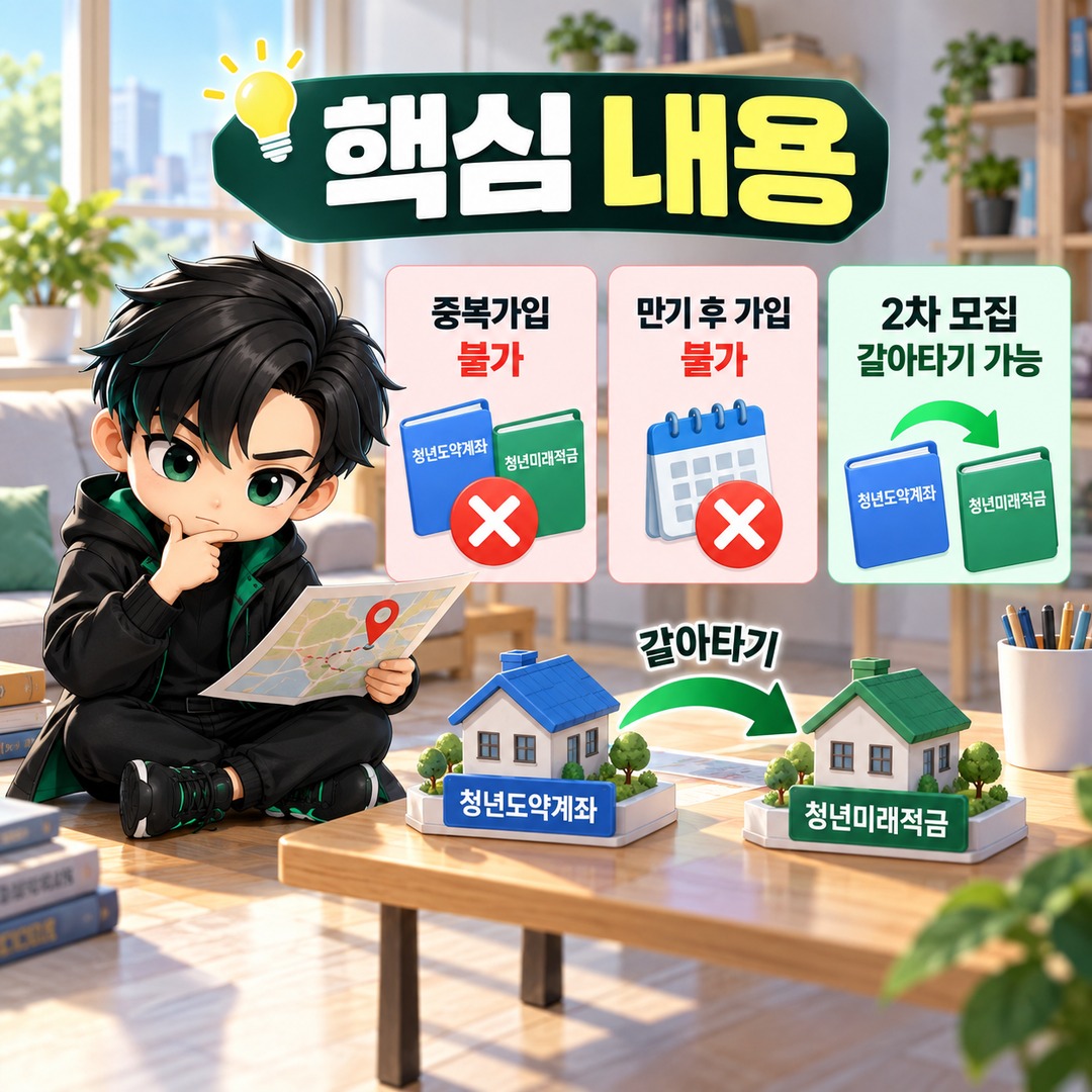 청년도약계좌 만기까지 기다리면 청년미래적금 가입 못 하나? 2차는 ‘갈아타기’가 필요합니다 - 핵심 내용 핵심 내용을 정리한 정보형 이미지