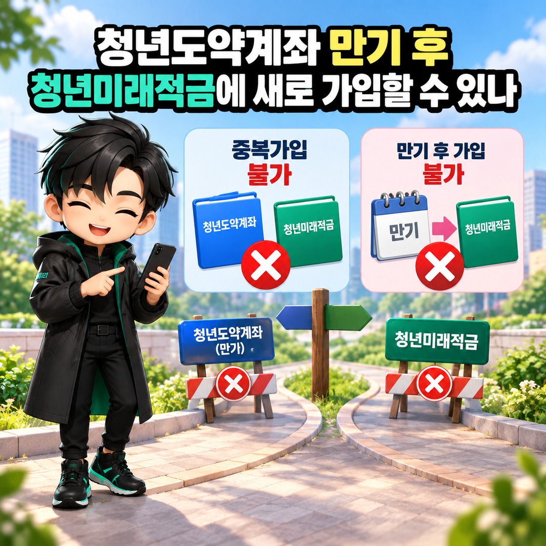 청년도약계좌 만기까지 기다리면 청년미래적금 가입 못 하나? 2차는 ‘갈아타기’가 필요합니다 - 청년도약계좌 만기 후 청년미래적금에 새로 가입할 수 있나 핵심 내용을 정리한 정보형 이미지
