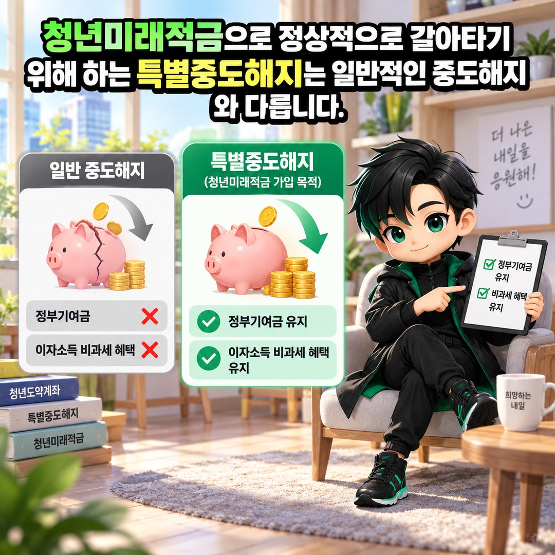 청년도약계좌 만기까지 기다리면 청년미래적금 가입 못 하나? 2차는 ‘갈아타기’가 필요합니다 - 청년미래적금으로 정상적으로 갈아타기 위해 하는 특별중도해지는 일반적인 중도해지와 다릅니다. 핵심 내용을 정리한 정보형 이미지
