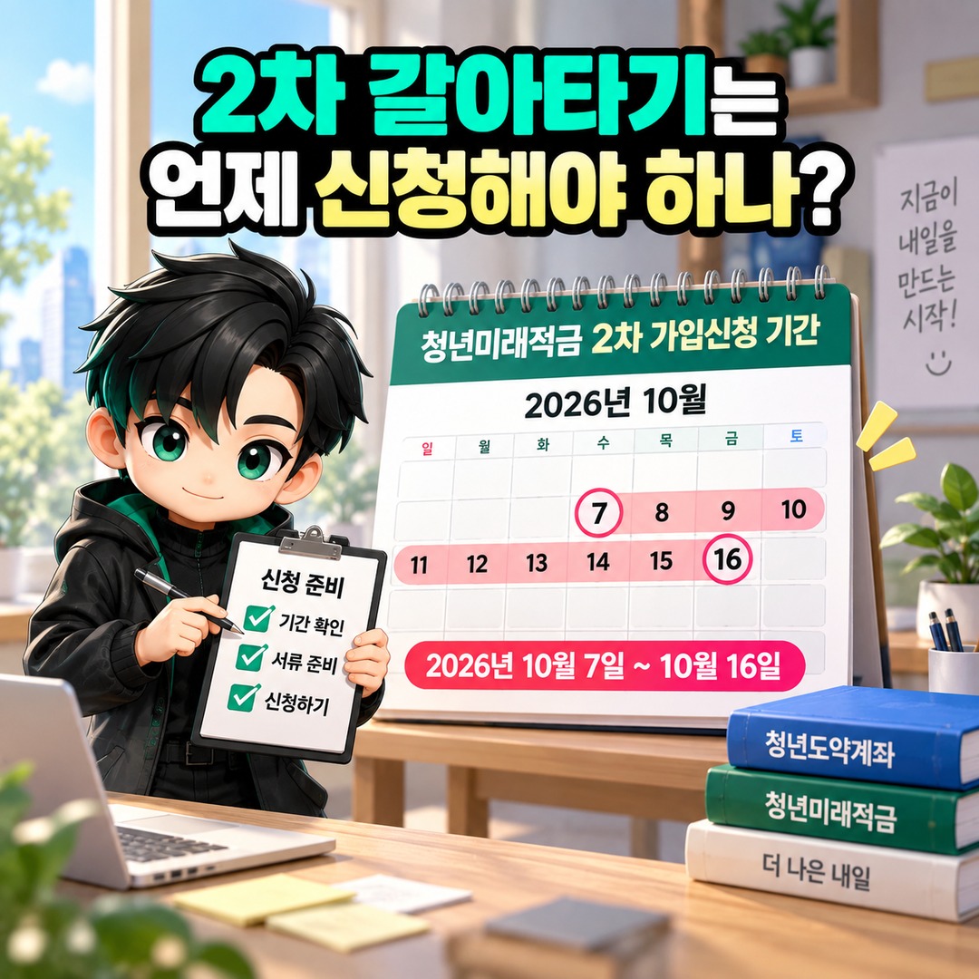 청년도약계좌 만기까지 기다리면 청년미래적금 가입 못 하나? 2차는 ‘갈아타기’가 필요합니다 - 2차 갈아타기는 언제 신청해야 하나 핵심 내용을 정리한 정보형 이미지