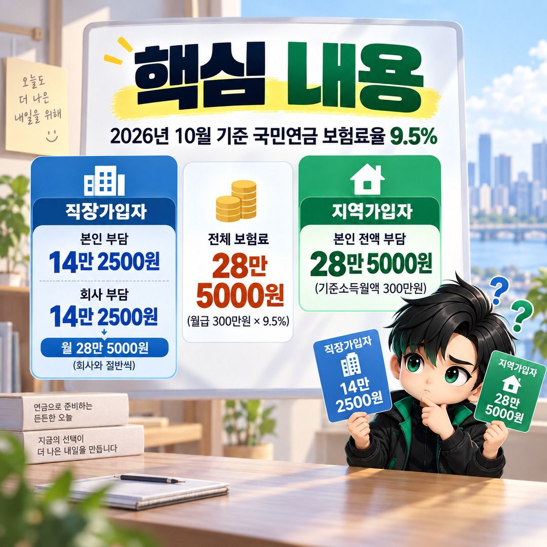 2026년 월급 300만원 국민연금, 직장인은 14만2500원·지역가입자는 28만5000원 - 핵심 내용 핵심 내용을 정리한 정보형 이미지