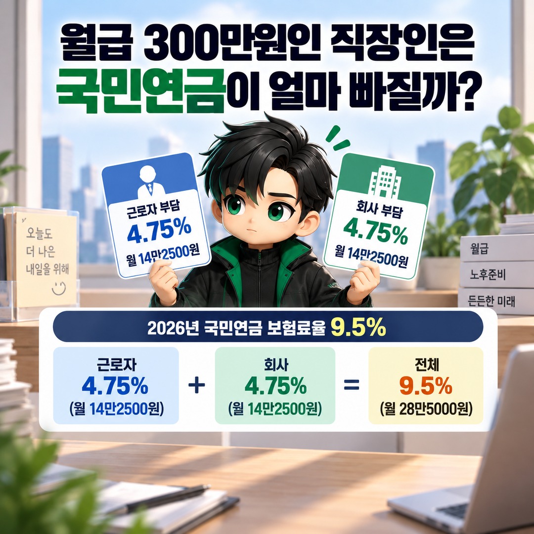 2026년 월급 300만원 국민연금, 직장인은 14만2500원·지역가입자는 28만5000원 - 월급 300만원인 직장인은 국민연금이 얼마 빠질까 핵심 내용을 정리한 정보형 이미지