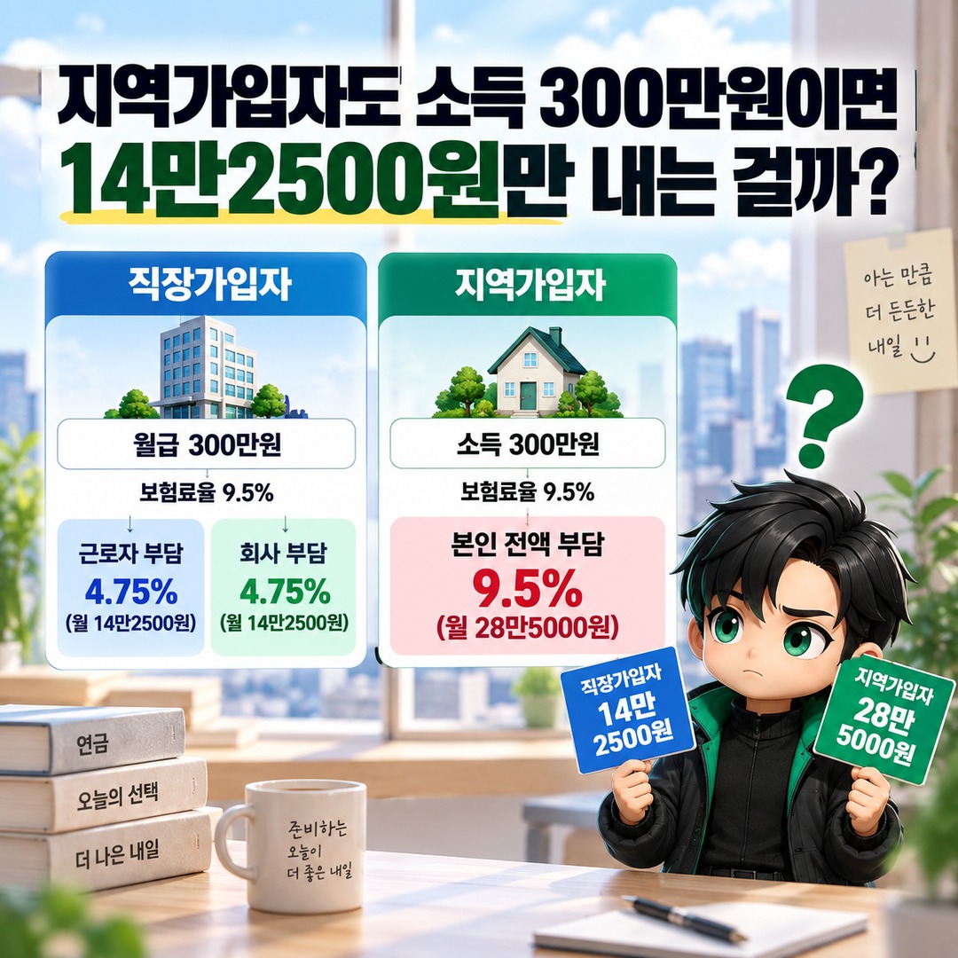 2026년 월급 300만원 국민연금, 직장인은 14만2500원·지역가입자는 28만5000원 - 지역가입자도 소득 300만원이면 14만2500원만 내는 걸까 핵심 내용을 정리한 정보형 이미지