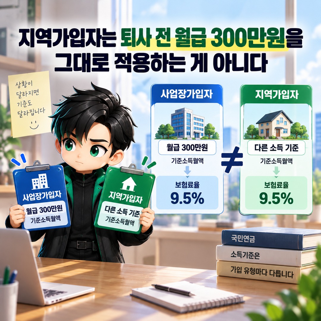 2026년 월급 300만원 국민연금, 직장인은 14만2500원·지역가입자는 28만5000원 - 지역가입자는 퇴사 전 월급 300만원을 그대로 적용하는 게 아니다 핵심 내용을 정리한 정보형 이미지