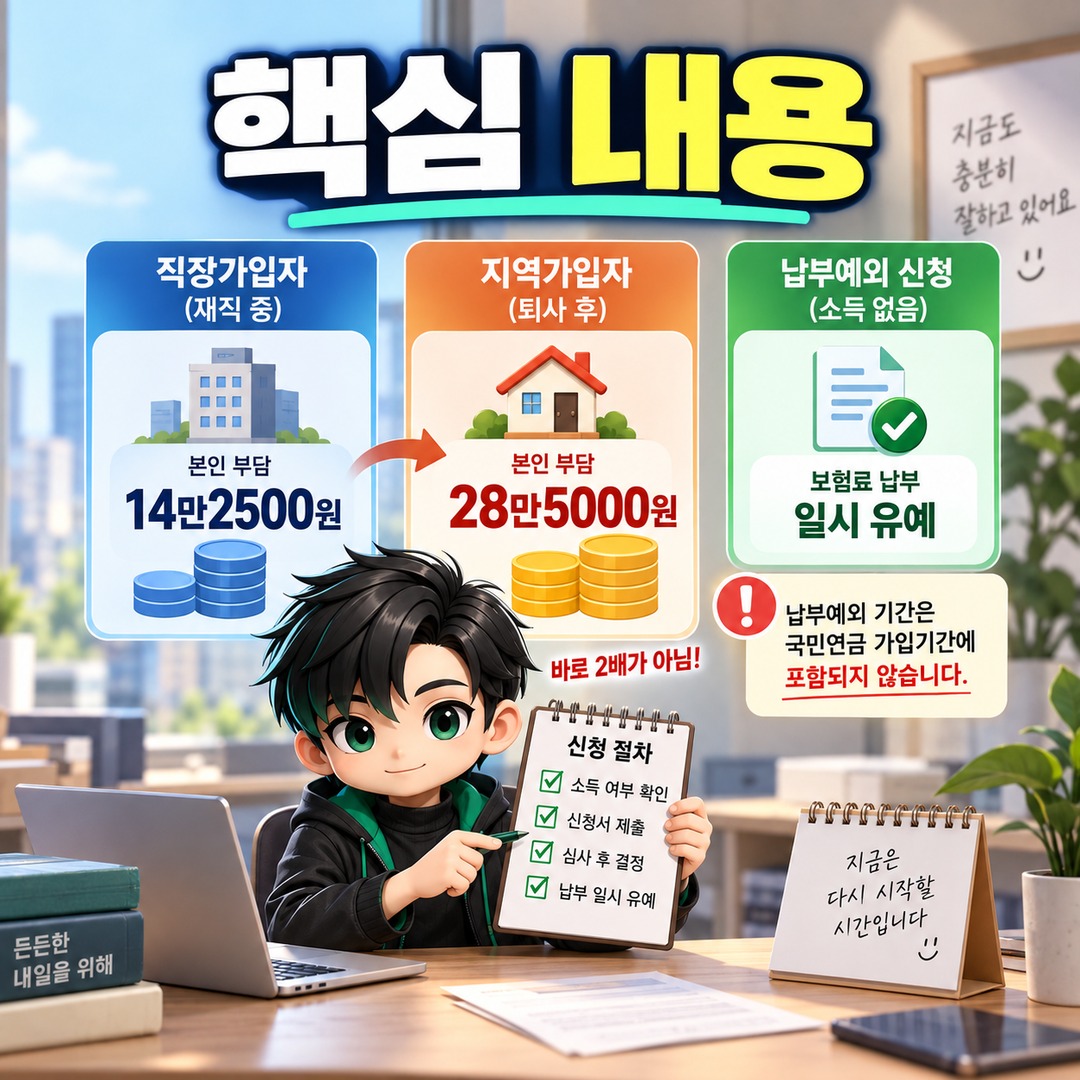 퇴사 후 국민연금 28만5000원 바로 내야 하나? 소득 없으면 납부예외 신청할 수 있습니다 - 핵심 내용 핵심 내용을 정리한 정보형 이미지