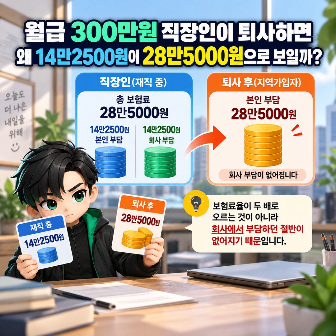 퇴사 후 국민연금 28만5000원 바로 내야 하나? 소득 없으면 납부예외 신청할 수 있습니다 - 월급 300만원 직장인이 퇴사하면 왜 14만2500원이 28만5000원으로 보일까 핵심 내용을 정리한 정보형 이미지