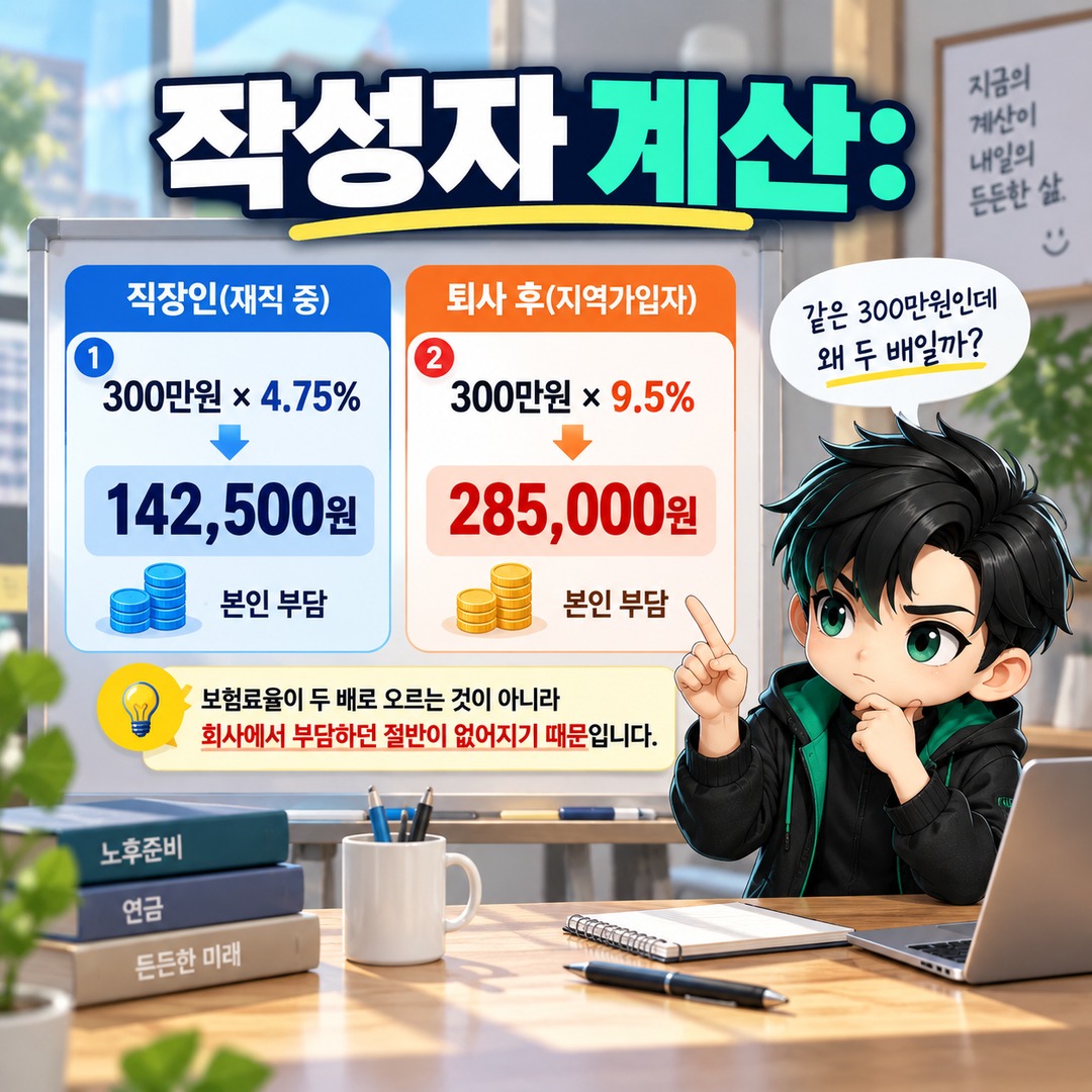 퇴사 후 국민연금 28만5000원 바로 내야 하나? 소득 없으면 납부예외 신청할 수 있습니다 - 작성자 계산: 핵심 내용을 정리한 정보형 이미지
