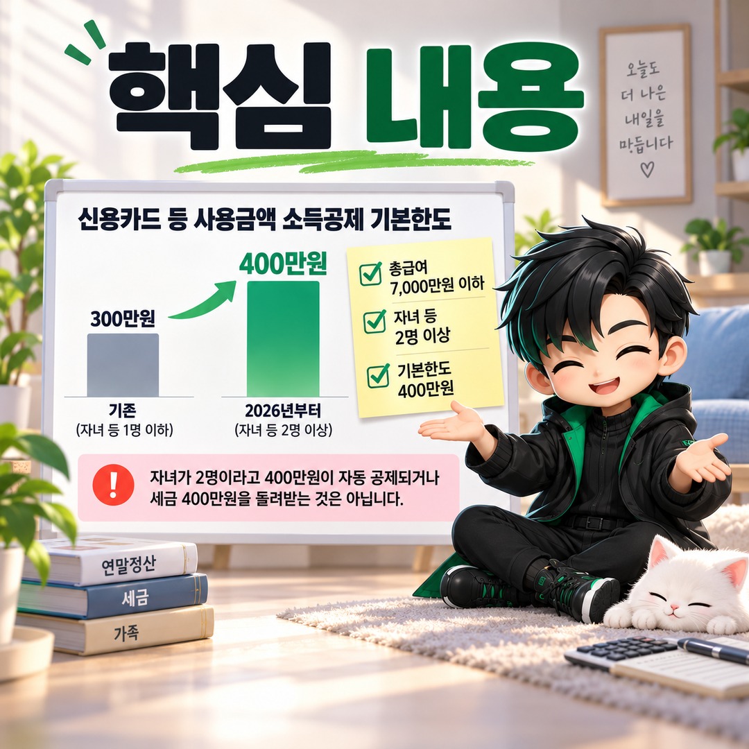 2026 연말정산, 자녀 2명이면 신용카드 소득공제 기본한도 400만원 맞을까 - 핵심 내용 핵심 내용을 정리한 정보형 이미지