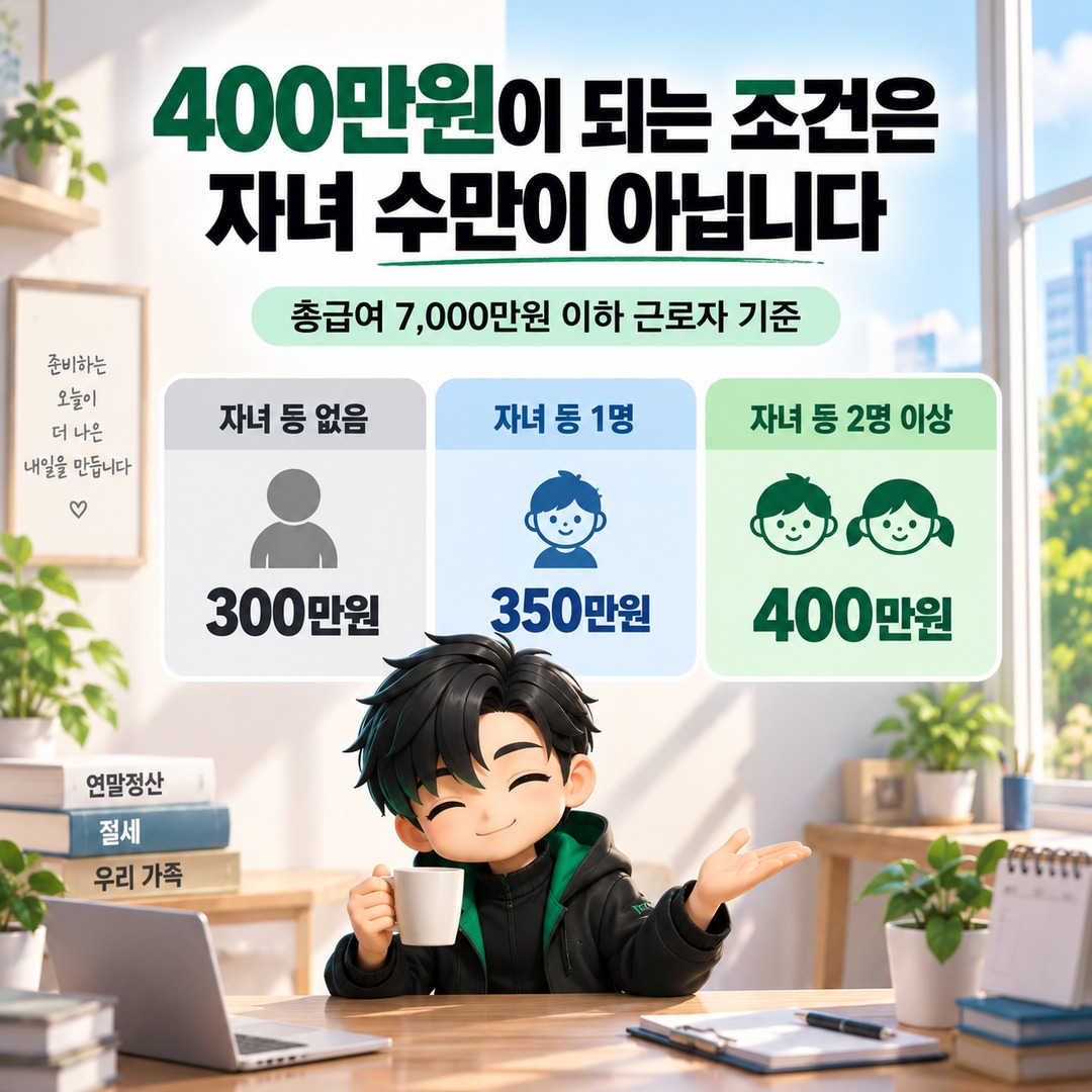 2026 연말정산, 자녀 2명이면 신용카드 소득공제 기본한도 400만원 맞을까 - 400만원이 되는 조건은 자녀 수만이 아닙니다 핵심 내용을 정리한 정보형 이미지