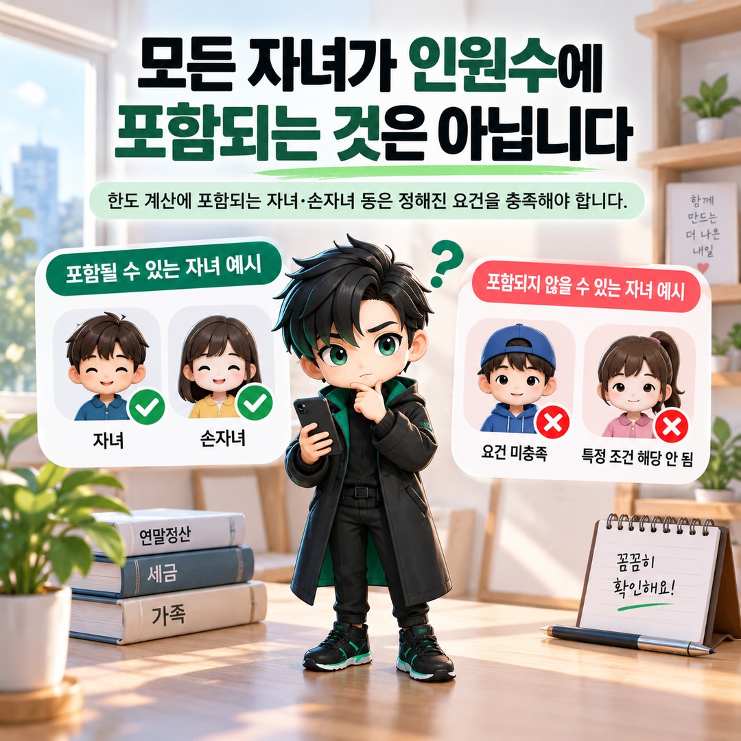 2026 연말정산, 자녀 2명이면 신용카드 소득공제 기본한도 400만원 맞을까 - 모든 자녀가 인원수에 포함되는 것은 아닙니다 핵심 내용을 정리한 정보형 이미지
