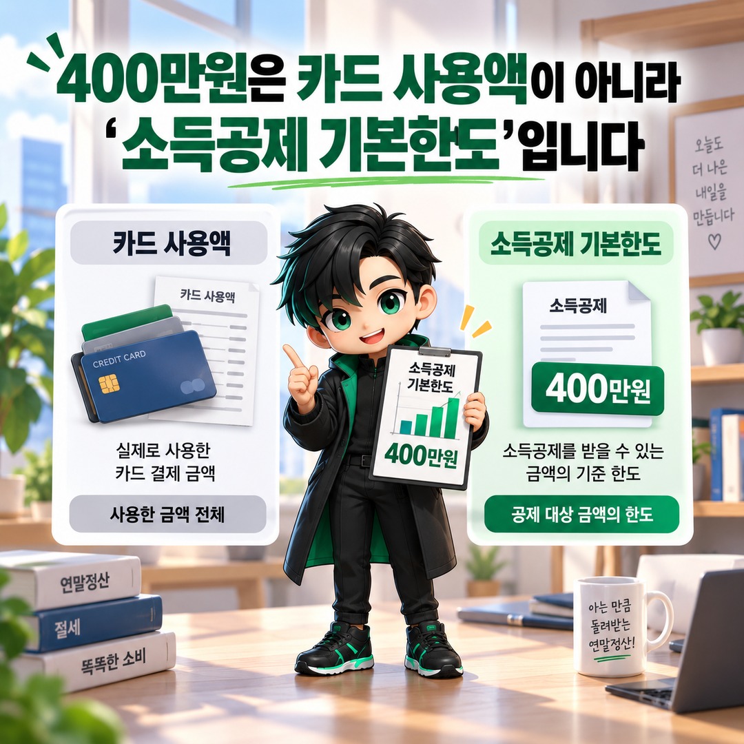 2026 연말정산, 자녀 2명이면 신용카드 소득공제 기본한도 400만원 맞을까 - 400만원은 카드 사용액이 아니라 ‘소득공제 기본한도’입니다 핵심 내용을 정리한 정보형 이미지