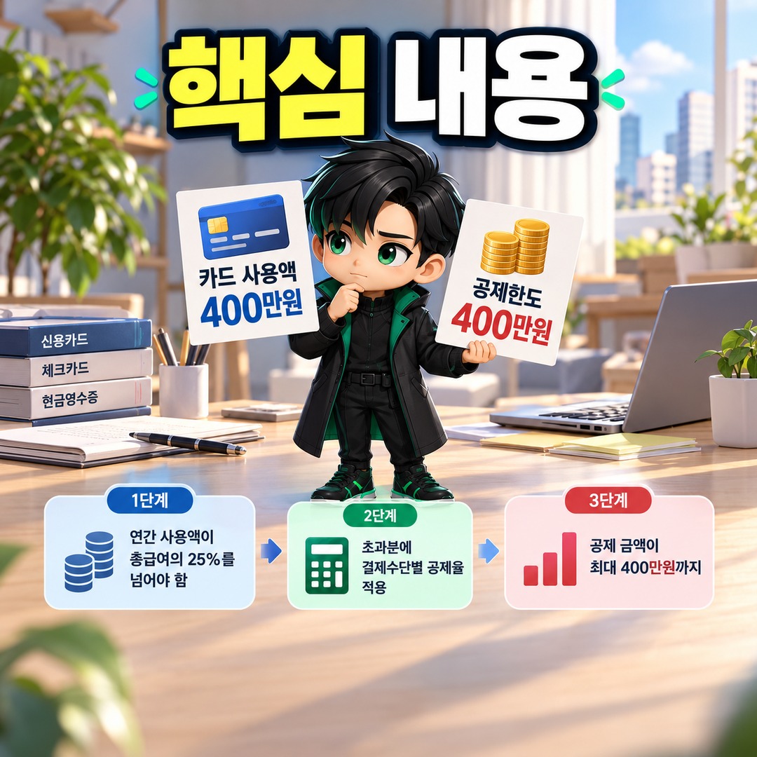 2026 연말정산 카드공제 400만원, 카드 400만원 쓰면 받는 게 아닙니다…자녀 2명은 얼마 써야 하나 - 핵심 내용 핵심 내용을 정리한 정보형 이미지