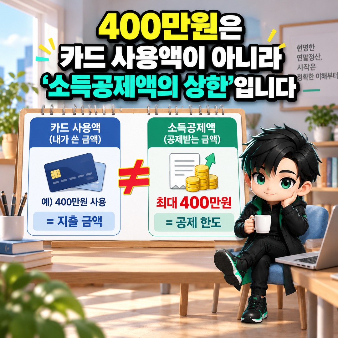 2026 연말정산 카드공제 400만원, 카드 400만원 쓰면 받는 게 아닙니다…자녀 2명은 얼마 써야 하나 - 400만원은 카드 사용액이 아니라 ‘소득공제액의 상한’입니다 핵심 내용을 정리한 정보형 이미지