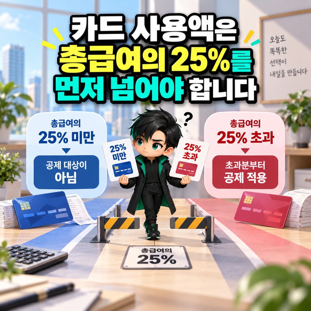 2026 연말정산 카드공제 400만원, 카드 400만원 쓰면 받는 게 아닙니다…자녀 2명은 얼마 써야 하나 - 카드 사용액은 총급여의 25%를 먼저 넘어야 합니다 핵심 내용을 정리한 정보형 이미지