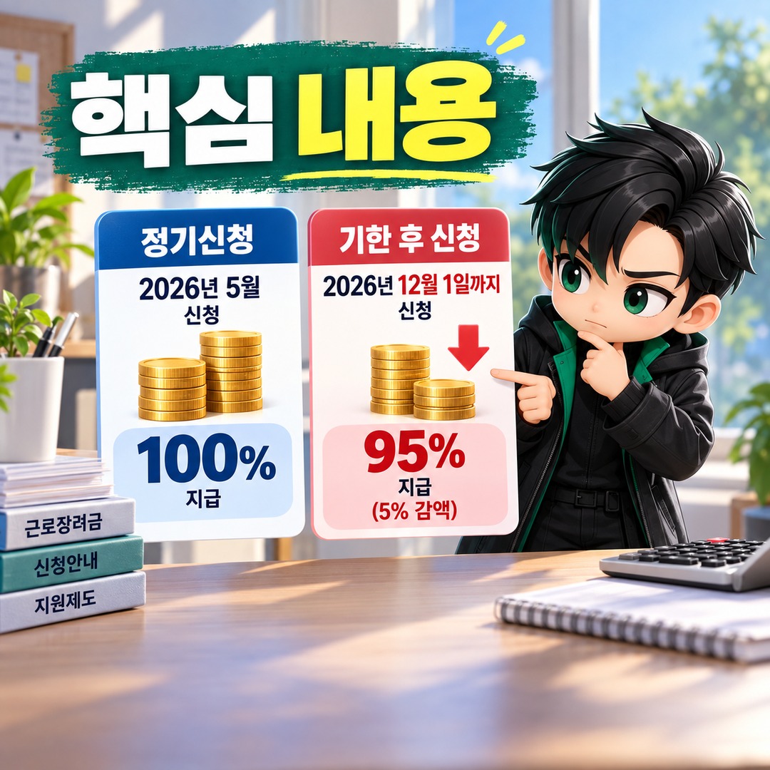 2026 근로장려금 정기신청 놓쳤다면 12월 1일까지 가능, 기한 후 신청은 5% 줄어든다 - 핵심 내용 핵심 내용을 정리한 정보형 이미지