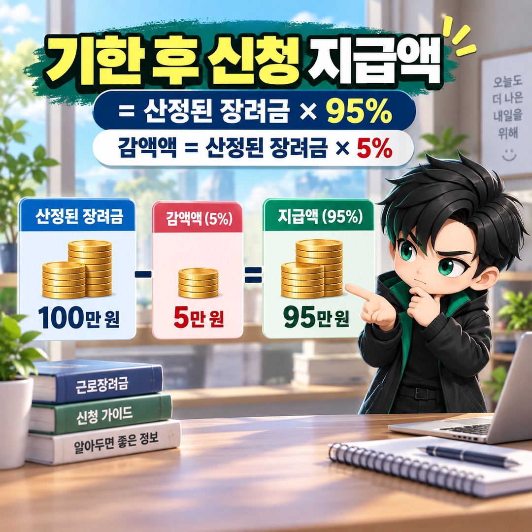 2026 근로장려금 정기신청 놓쳤다면 12월 1일까지 가능, 기한 후 신청은 5% 줄어든다 - 기한 후 신청 지급액 = 산정된 장려금 × 95%감액액 = 산정된 장려금 × 5% 핵심 내용을 정리한 정보형 이미지