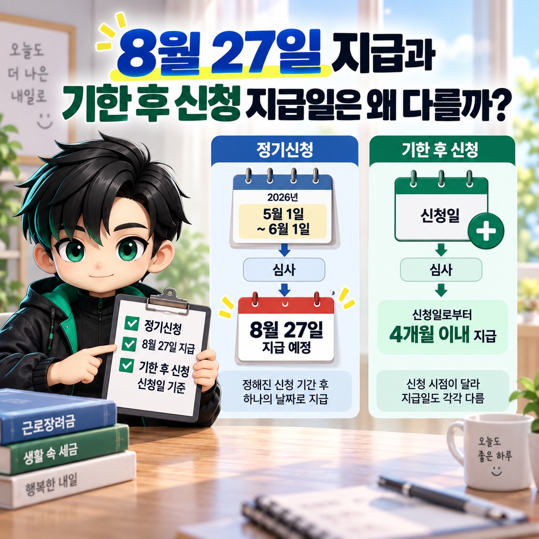 2026 근로장려금 기한 후 신청하면 언제 입금될까? 신청일부터 4개월 이내 지급 - 8월 27일 지급과 기한 후 신청 지급일은 왜 다를까? 핵심 내용을 정리한 정보형 이미지