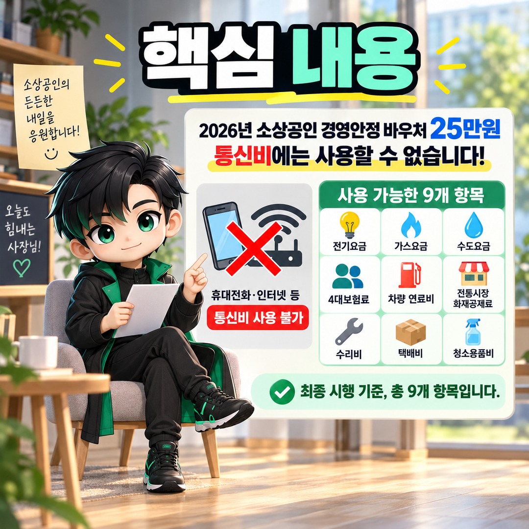 소상공인 경영안정 바우처 통신비도 될까? 2026년 최종 사용처는 9개 항목 - 핵심 내용 핵심 내용을 정리한 정보형 이미지