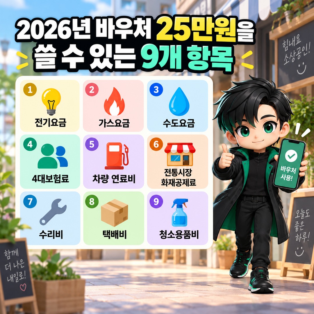 소상공인 경영안정 바우처 통신비도 될까? 2026년 최종 사용처는 9개 항목 - 2026년 바우처 25만원을 쓸 수 있는 9개 항목 핵심 내용을 정리한 정보형 이미지