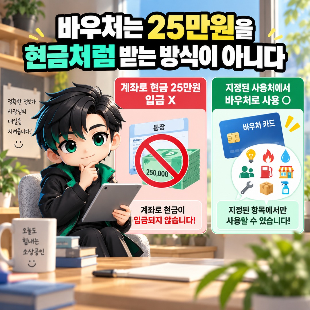 소상공인 경영안정 바우처 통신비도 될까? 2026년 최종 사용처는 9개 항목 - 바우처는 25만원을 현금처럼 받는 방식이 아니다 핵심 내용을 정리한 정보형 이미지