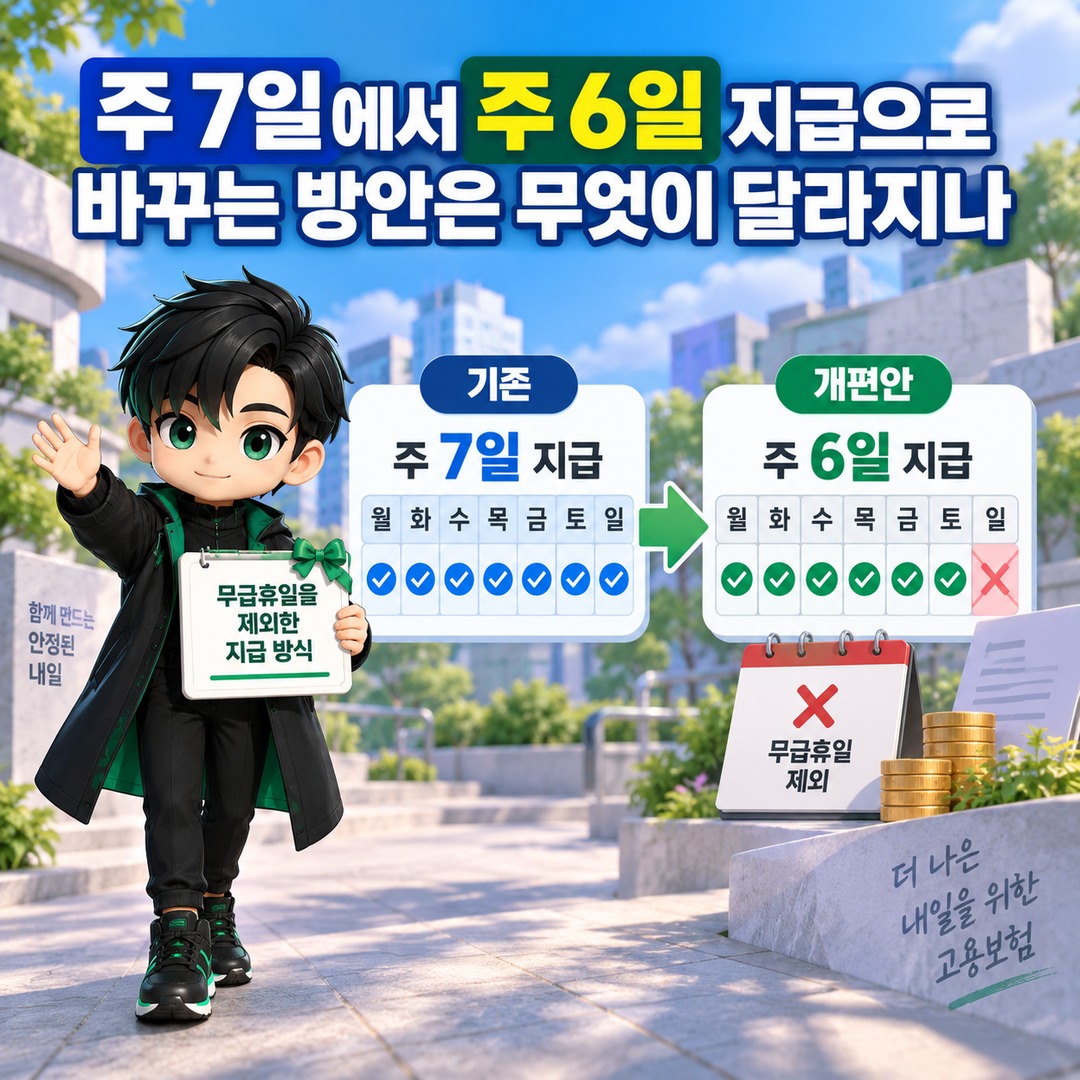 2027 실업급여 개편, 이미 받고 있다면 새 지급방식이 적용될까 - 주 7일에서 주 6일 지급으로 바꾸는 방안은 무엇이 달라지나 핵심 내용을 정리한 정보형 이미지