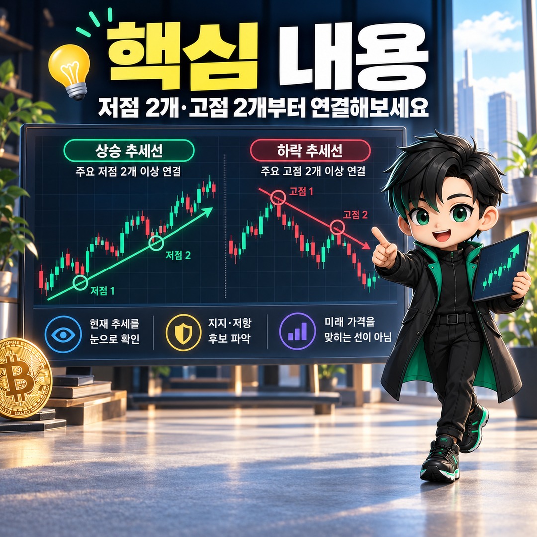 비트코인 차트 초보자 선긋기, 저점 2개·고점 2개부터 연결하는 법 - 핵심 내용 핵심 내용을 정리한 정보형 이미지