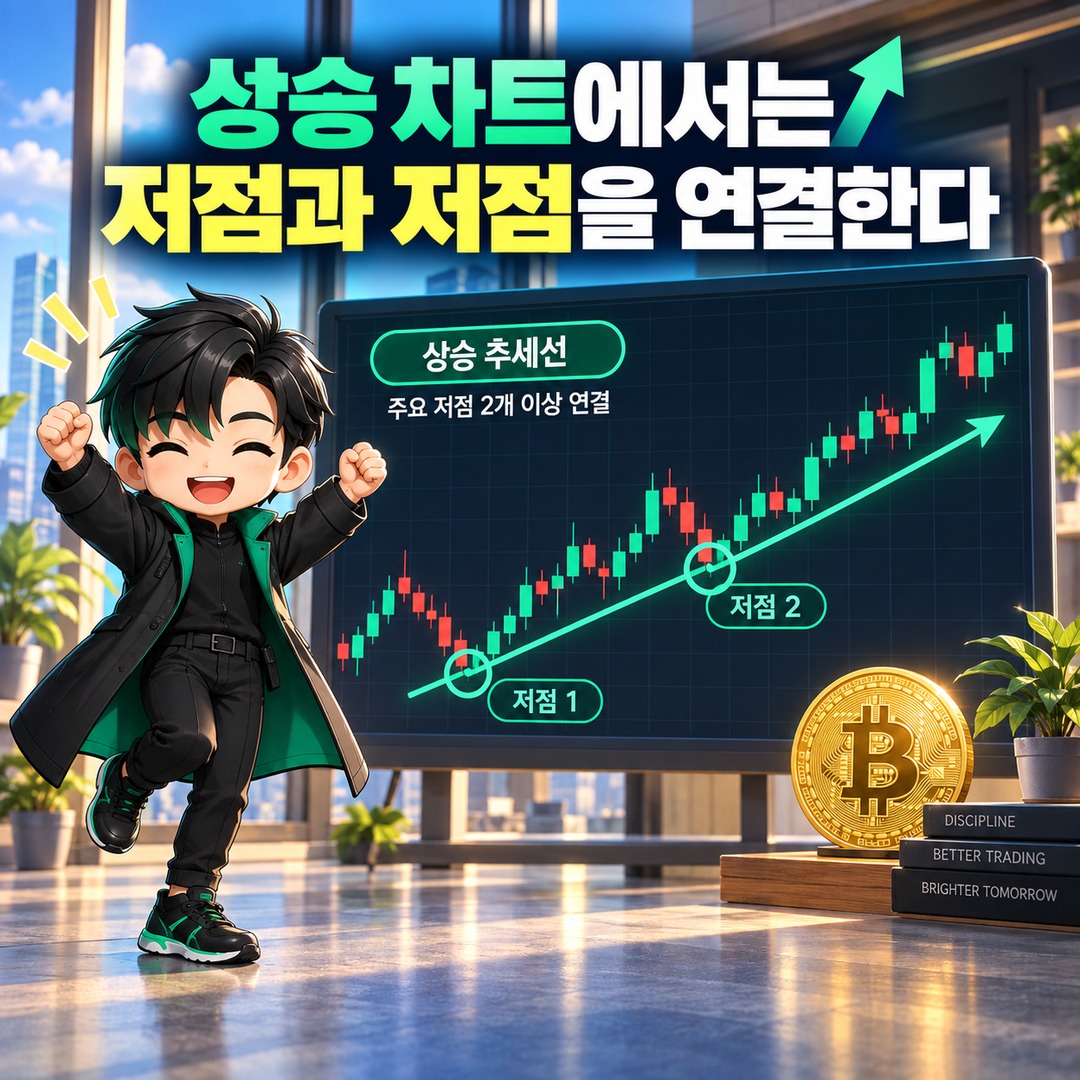 비트코인 차트 초보자 선긋기, 저점 2개·고점 2개부터 연결하는 법 - 상승 차트에서는 저점과 저점을 연결한다 핵심 내용을 정리한 정보형 이미지