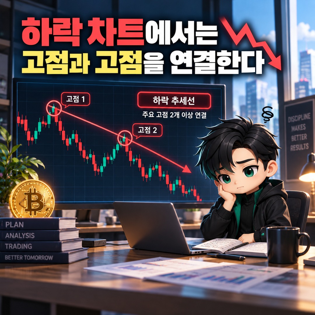 비트코인 차트 초보자 선긋기, 저점 2개·고점 2개부터 연결하는 법 - 하락 차트에서는 고점과 고점을 연결한다 핵심 내용을 정리한 정보형 이미지