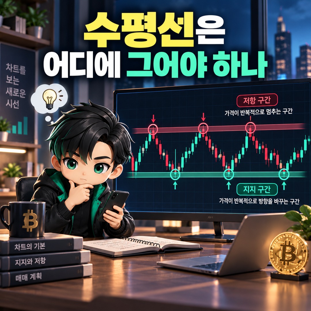 비트코인 차트 초보자 선긋기, 저점 2개·고점 2개부터 연결하는 법 - 수평선은 어디에 그어야 하나 핵심 내용을 정리한 정보형 이미지