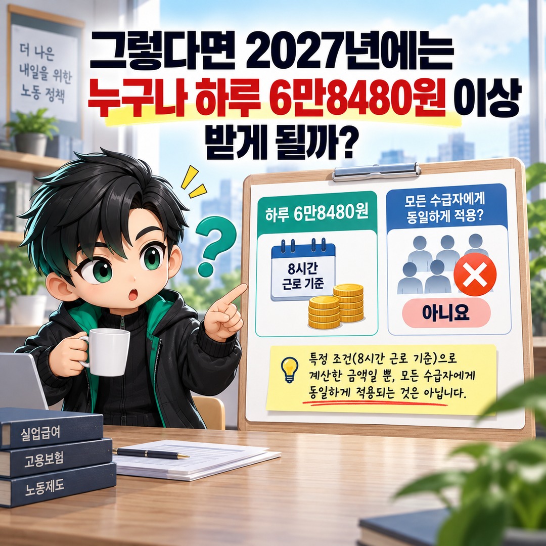 2027 실업급여 상한액 103%, 하루 7만534원으로 확정된 걸까 - 그렇다면 2027년에는 누구나 하루 6만8480원 이상 받게 될까 핵심 내용을 정리한 정보형 이미지