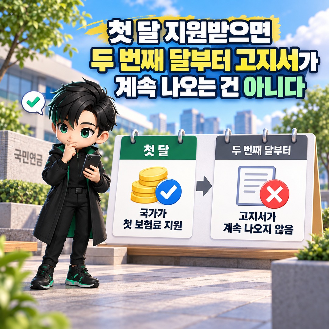 2009년생 국민연금 첫 보험료 지원 후 매달 내야 하나? 1개월 뒤에는 안 내도 됩니다 - 첫 달 지원받으면 두 번째 달부터 고지서가 계속 나오는 건 아니다 핵심 내용을 정리한 정보형 이미지