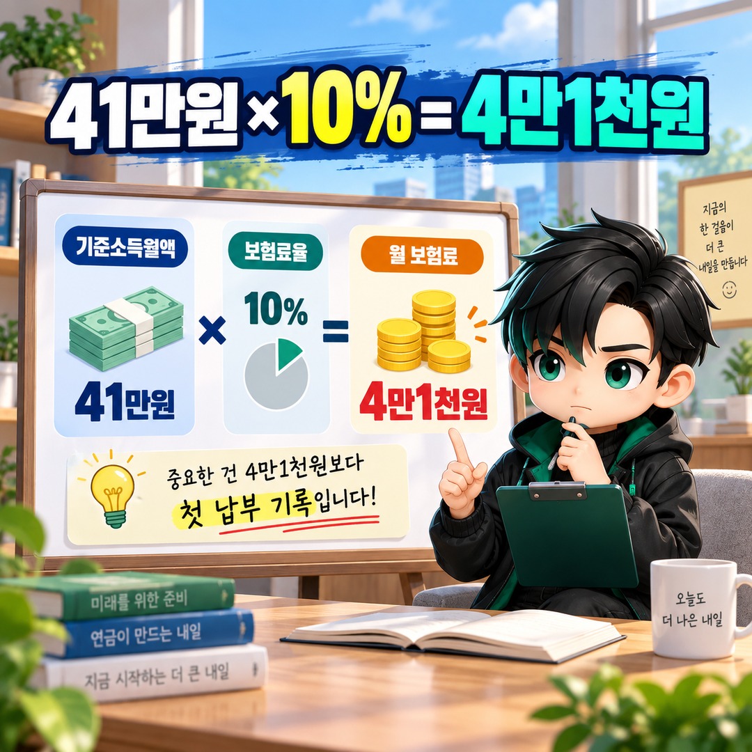 2009년생 국민연금 첫 보험료 지원 후 매달 내야 하나? 1개월 뒤에는 안 내도 됩니다 - 41만원 × 10% = 4만1천원 핵심 내용을 정리한 정보형 이미지