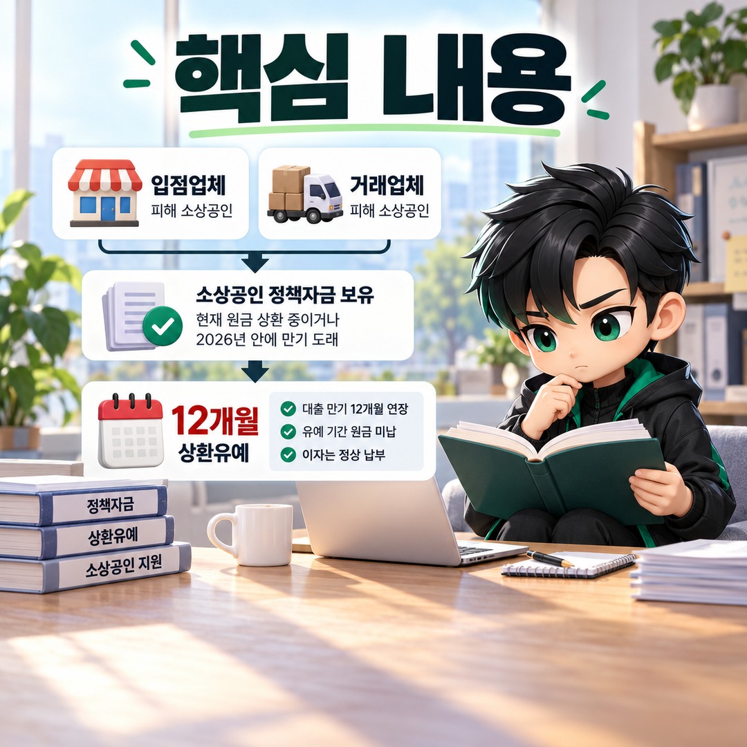 홈플러스 피해 소상공인 정책자금, 입점·거래업체 중 누구까지 12개월 상환유예 받나 - 핵심 내용 핵심 내용을 정리한 정보형 이미지