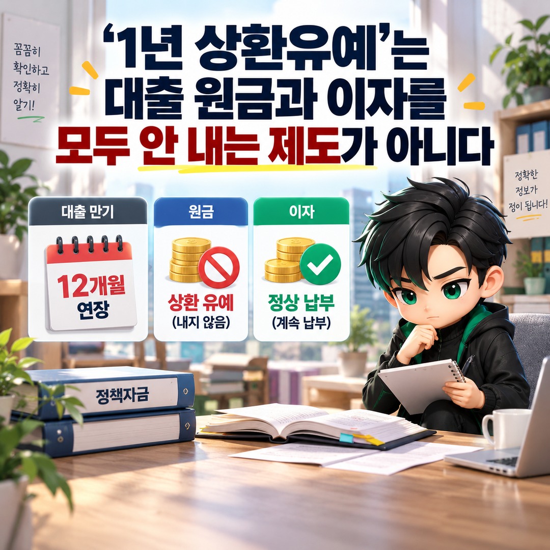 홈플러스 피해 소상공인 정책자금, 입점·거래업체 중 누구까지 12개월 상환유예 받나 - ‘1년 상환유예’는 대출 원금과 이자를 모두 안 내는 제도가 아니다 핵심 내용을 정리한 정보형 이미지