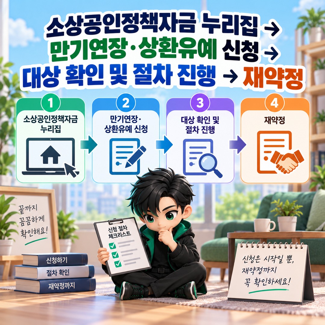 홈플러스 피해 소상공인 상환유예, 직접대출·대리대출 신청 방법이 다릅니다 - 소상공인정책자금 누리집 → 만기연장·상환유예 신청 → 대상 확인 및 절차 진행 → 재약정 핵심 내용을 정리한 정보형 이미지