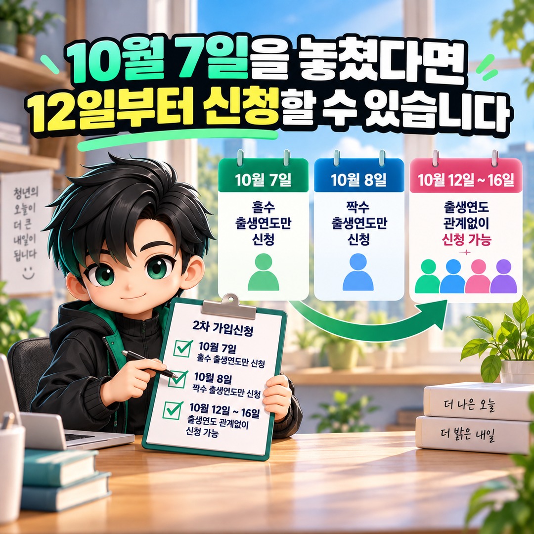 청년미래적금 10월 7일 놓쳐도 12일부터 다시 신청 가능, 마감은 16일 - 10월 7일을 놓쳤다면 12일부터 신청할 수 있습니다 핵심 내용을 정리한 정보형 이미지