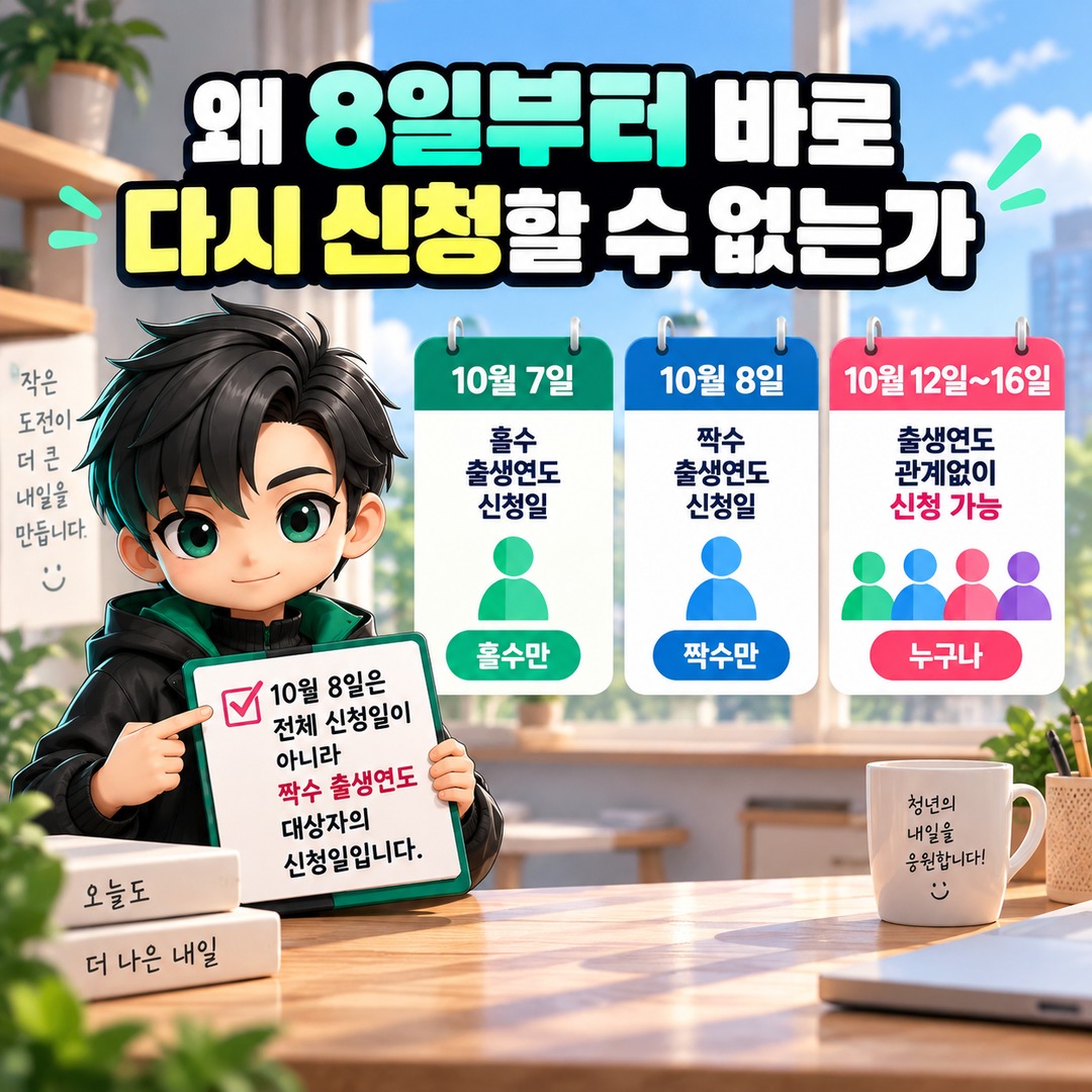 청년미래적금 10월 7일 놓쳐도 12일부터 다시 신청 가능, 마감은 16일 - 왜 8일부터 바로 다시 신청할 수 없는가 핵심 내용을 정리한 정보형 이미지