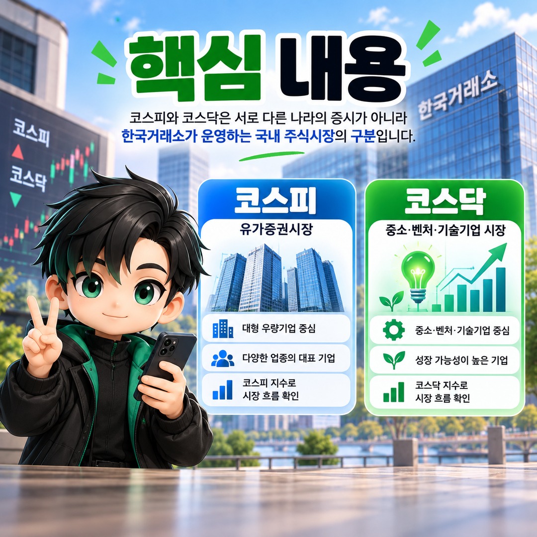 코스피·코스닥이란? 같은 한국 주식시장인데 숫자와 기업 구성이 다른 이유 - 핵심 내용 핵심 내용을 정리한 정보형 이미지