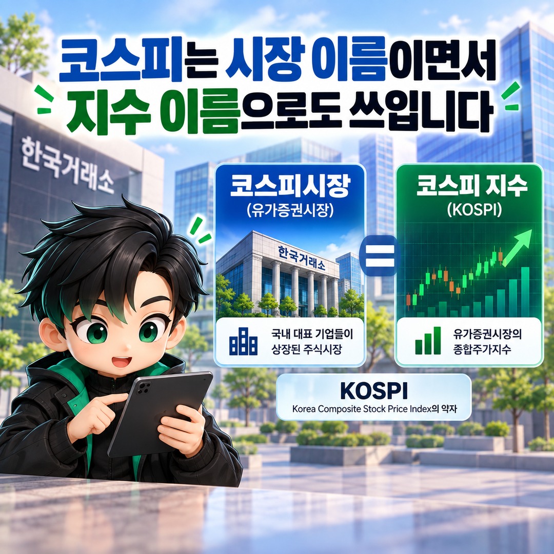 코스피·코스닥이란? 같은 한국 주식시장인데 숫자와 기업 구성이 다른 이유 - 코스피는 시장 이름이면서 지수 이름으로도 쓰입니다 핵심 내용을 정리한 정보형 이미지