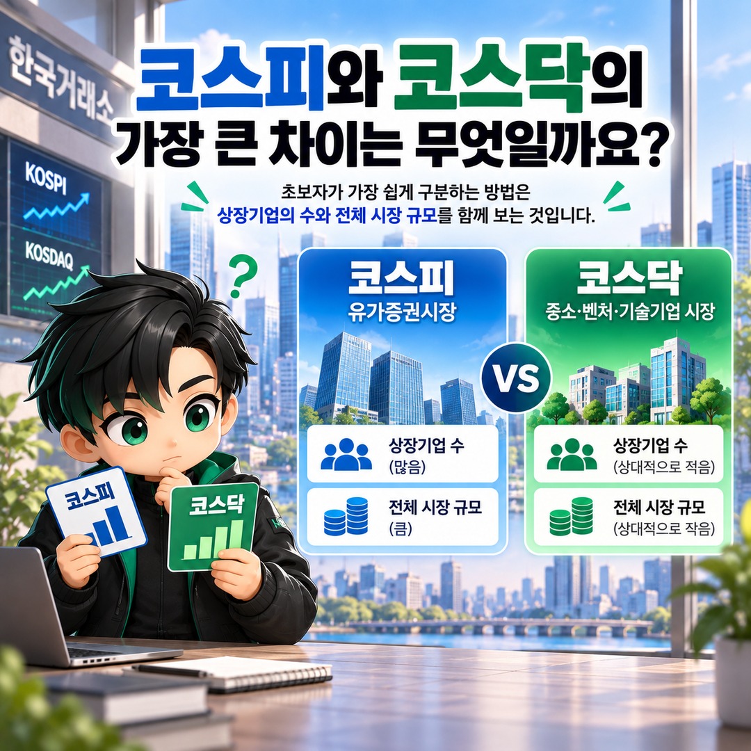 코스피·코스닥이란? 같은 한국 주식시장인데 숫자와 기업 구성이 다른 이유 - 코스피와 코스닥의 가장 큰 차이는 무엇일까요? 핵심 내용을 정리한 정보형 이미지