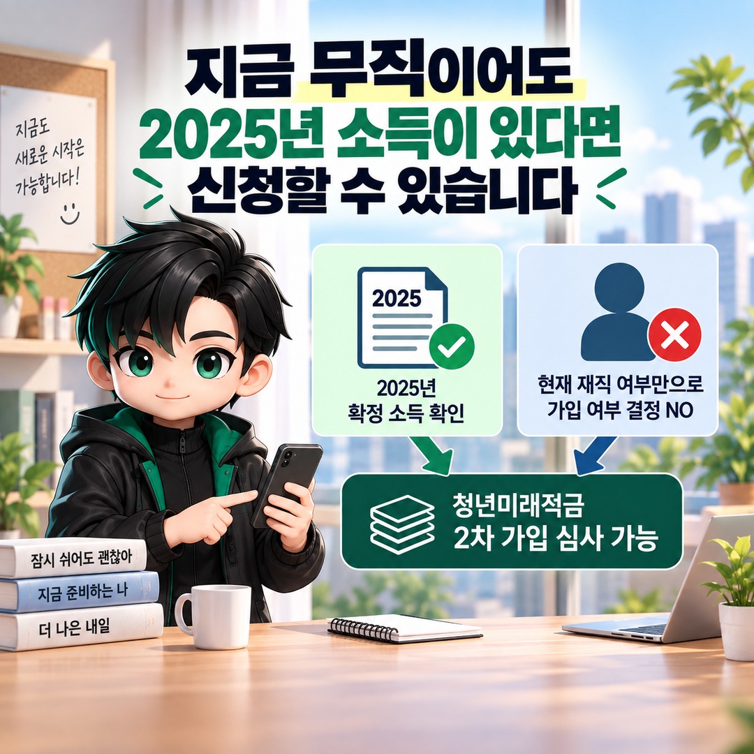 청년미래적금 지금 무직이어도 신청 가능? 2025년 소득 있으면 심사받을 수 있습니다 - 지금 무직이어도 2025년 소득이 있다면 신청할 수 있습니다 핵심 내용을 정리한 정보형 이미지