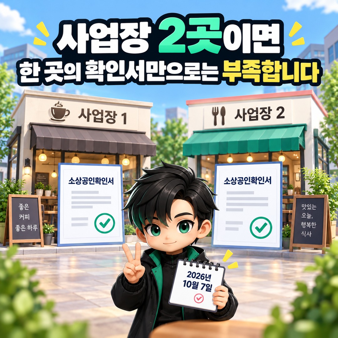 청년미래적금 소상공인, 사업장이 여러 개면 확인서도 모두 발급해야 합니다 - 사업장 2곳이면 한 곳의 확인서만으로는 부족합니다 핵심 내용을 정리한 정보형 이미지