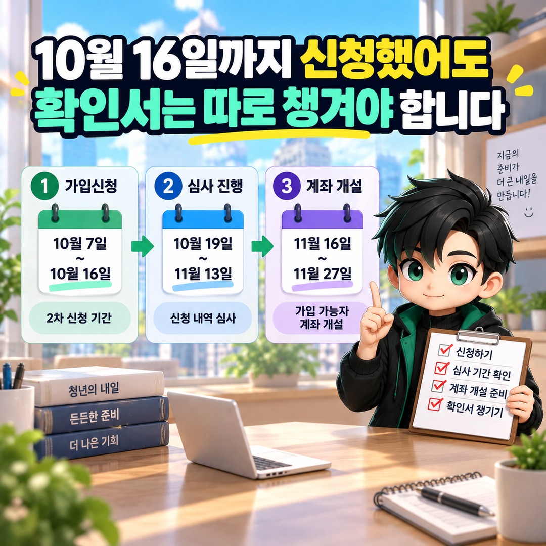 청년미래적금 소상공인확인서 늦게 나오면 탈락? 11월 5일까지가 중요한 이유 - 10월 16일까지 신청했어도 확인서는 따로 챙겨야 합니다 핵심 내용을 정리한 정보형 이미지
