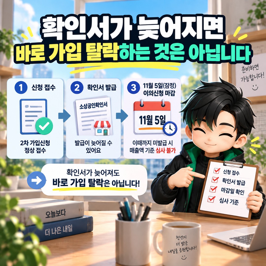 청년미래적금 소상공인확인서 늦게 나오면 탈락? 11월 5일까지가 중요한 이유 - 확인서가 늦어지면 바로 가입 탈락하는 것은 아닙니다 핵심 내용을 정리한 정보형 이미지