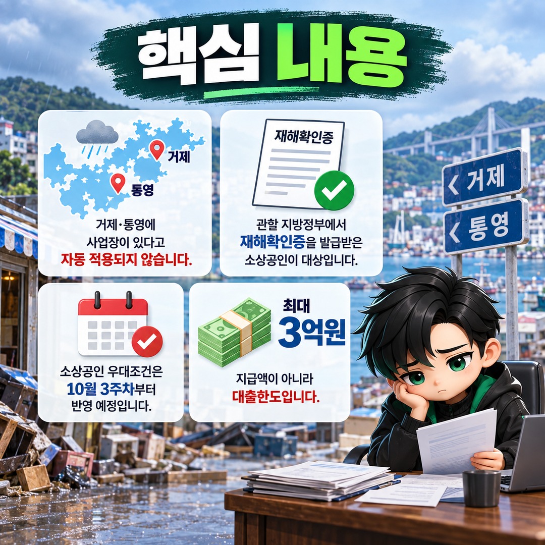 거제·통영 호우 피해 소상공인 최대 3억원, 재해특례는 재해확인증이 기준 - 핵심 내용 핵심 내용을 정리한 정보형 이미지