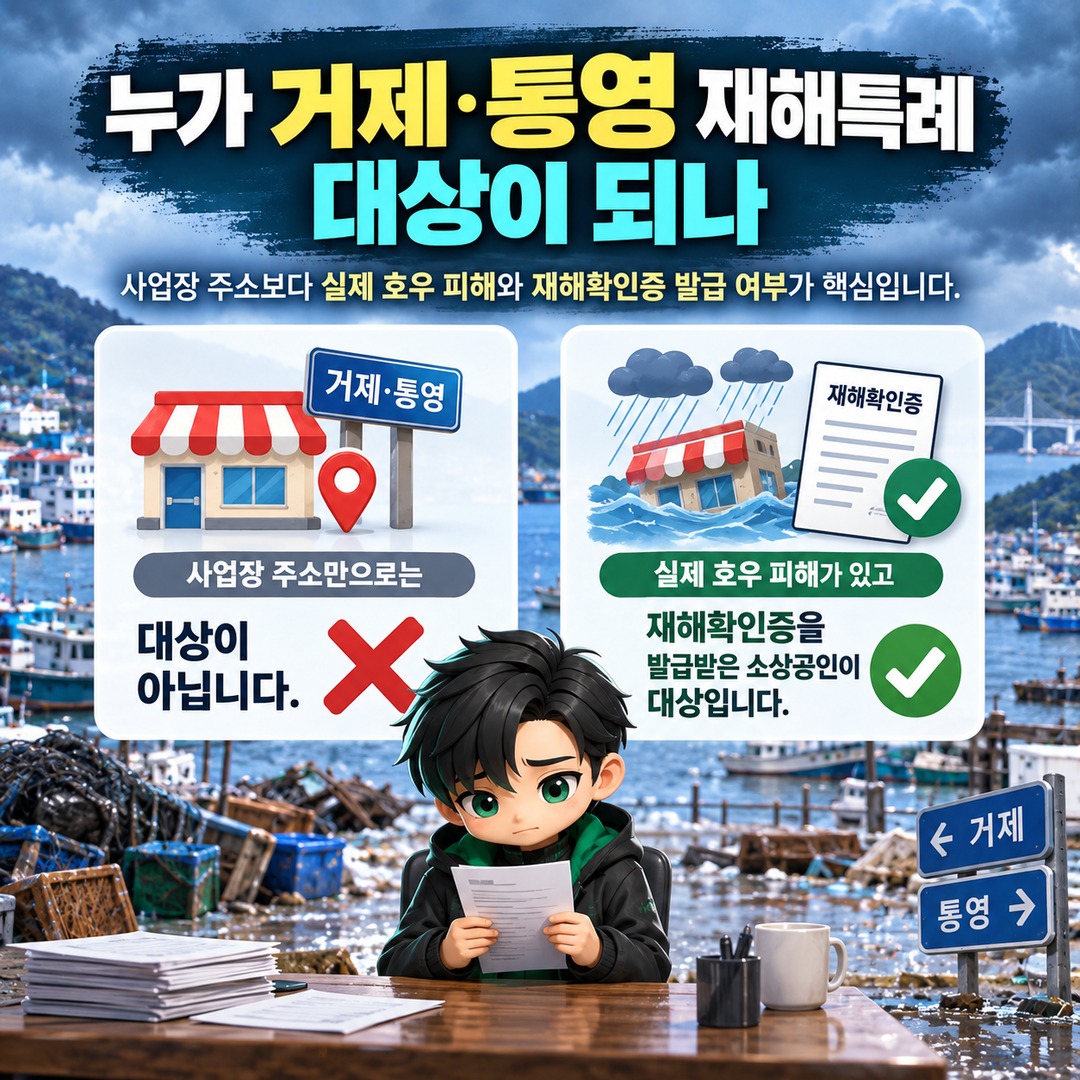 거제·통영 호우 피해 소상공인 최대 3억원, 재해특례는 재해확인증이 기준 - 누가 거제·통영 재해특례 대상이 되나 핵심 내용을 정리한 정보형 이미지