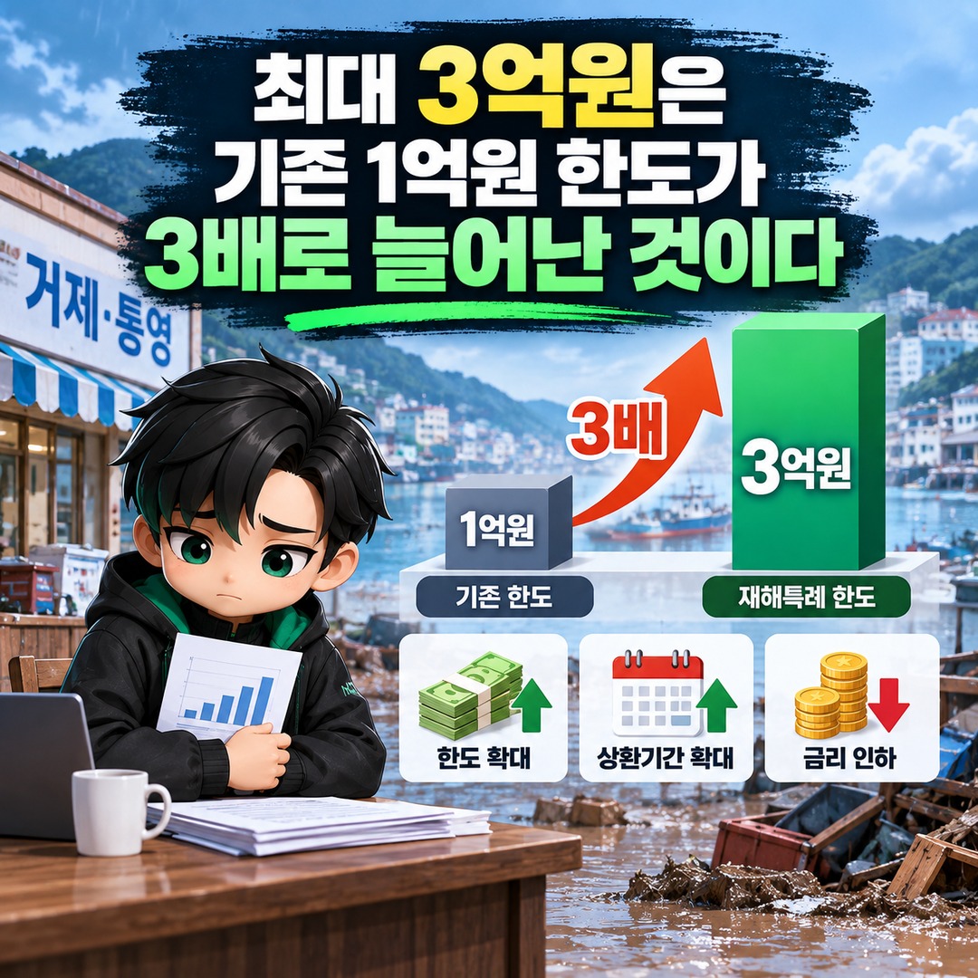 거제·통영 호우 피해 소상공인 최대 3억원, 재해특례는 재해확인증이 기준 - 최대 3억원은 기존 1억원 한도가 3배로 늘어난 것이다 핵심 내용을 정리한 정보형 이미지