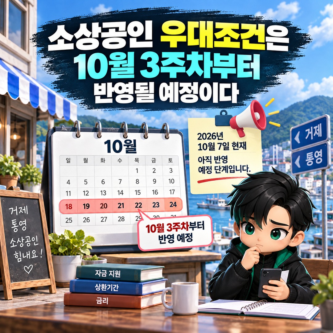 거제·통영 호우 피해 소상공인 최대 3억원, 재해특례는 재해확인증이 기준 - 소상공인 우대조건은 10월 3주차부터 반영될 예정이다 핵심 내용을 정리한 정보형 이미지