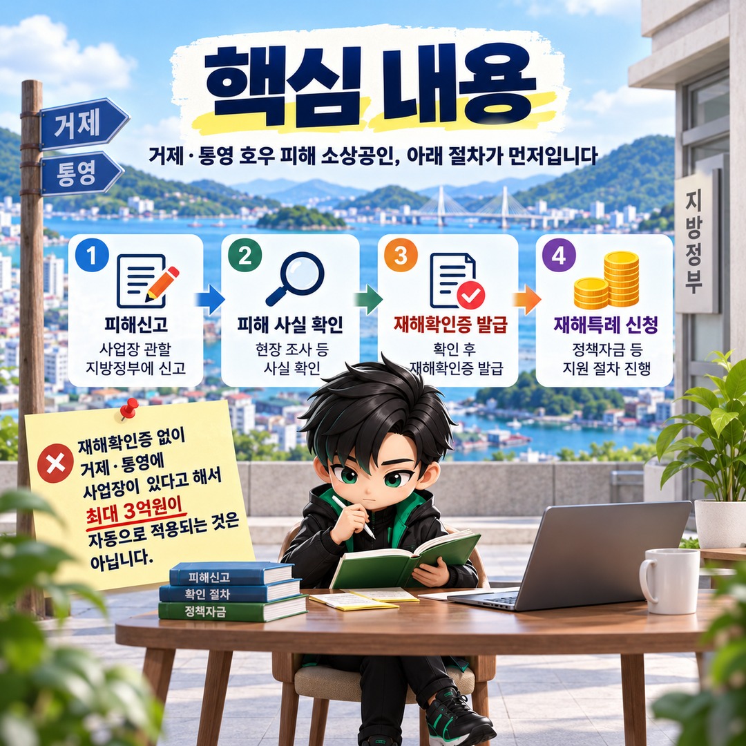 거제·통영 재해확인증 어디서 발급받나? 소상공인은 피해신고부터 해야 합니다 - 핵심 내용 핵심 내용을 정리한 정보형 이미지